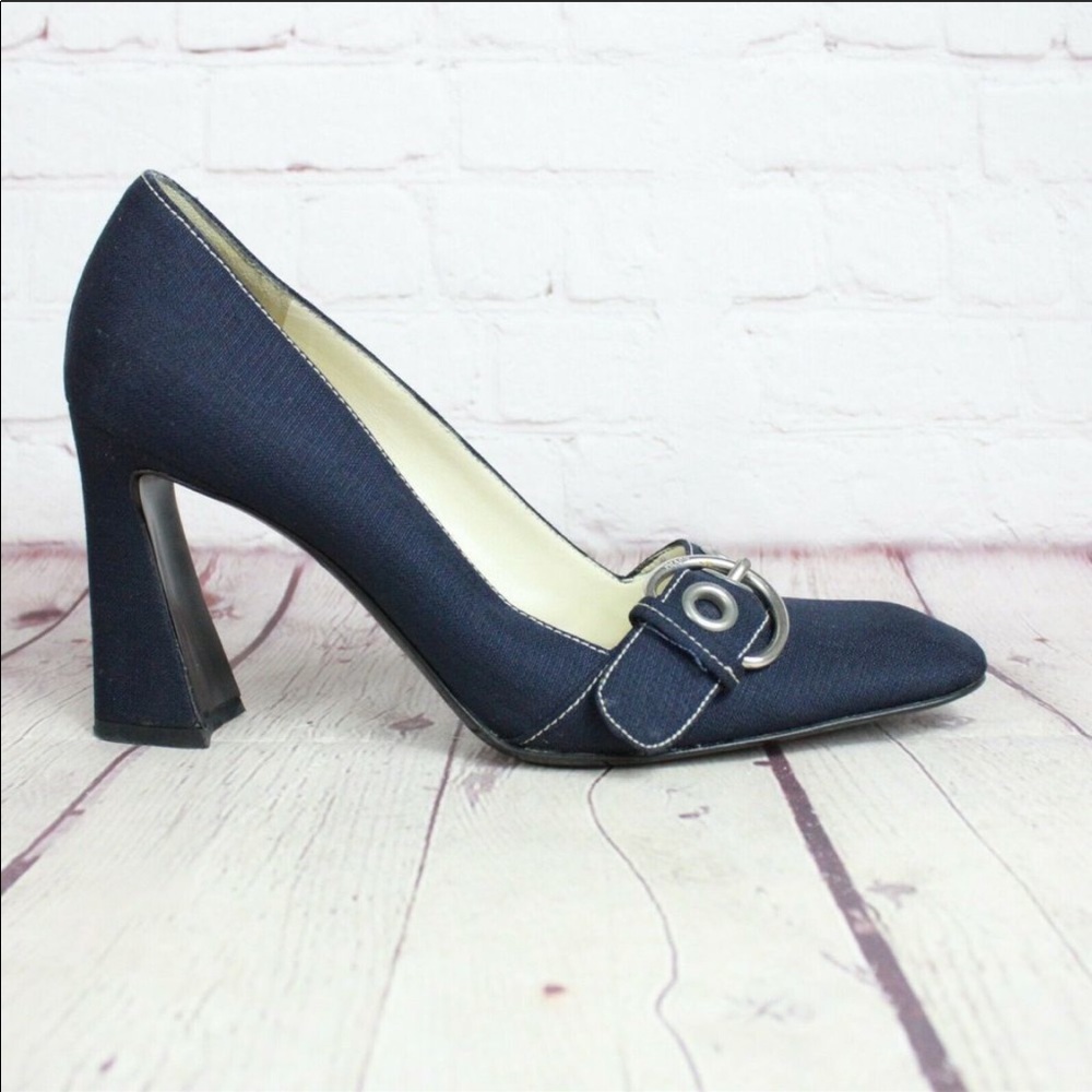 PRADA Navy Blue Square Toe Silver Buckle Heels
